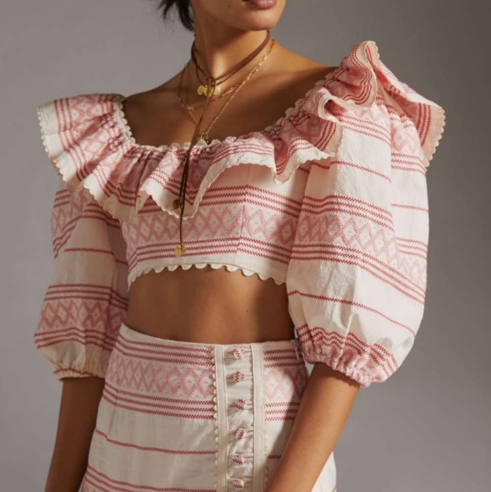 Anthropologie Raissa Ruffled Cropper Blouse Ruffles, Scalloped Trim Size Large